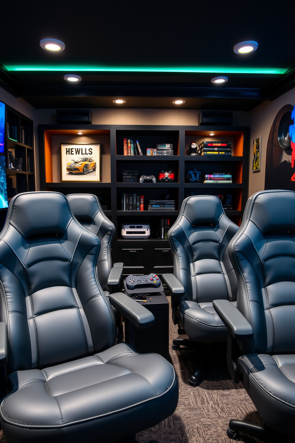 A cozy man cave featuring gray gaming chairs designed for ultimate comfort. The space is accented with ambient lighting and dark wooden shelves filled with gaming memorabilia.