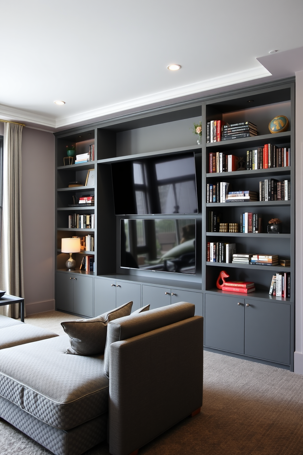 A stylish gray man cave featuring sleek gray shelves that elegantly display books and decorative items. The room is designed with comfortable seating, ambient lighting, and a cozy atmosphere for relaxation and entertainment.