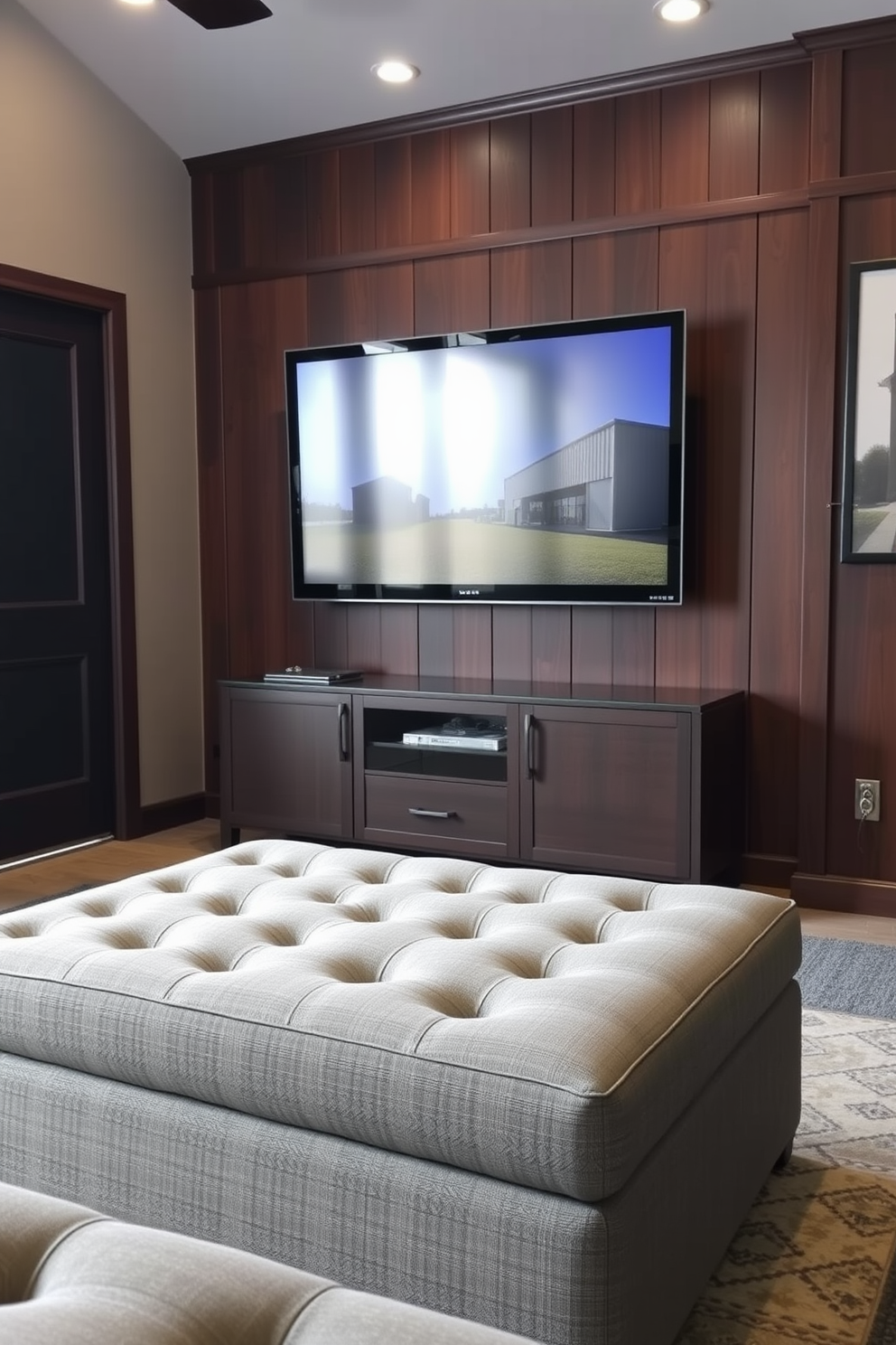 A cozy man cave featuring a gray upholstered ottoman that provides extra seating. The walls are adorned with dark wood paneling, and a large flat-screen TV is mounted above a sleek media console.