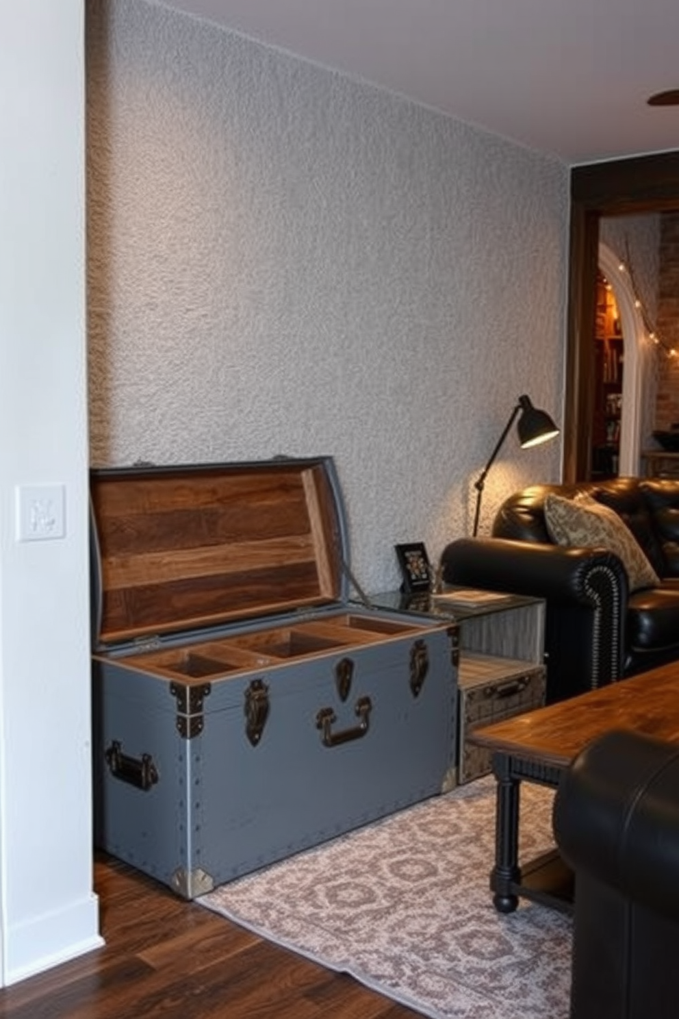 A vintage gray trunk serves as a stylish storage solution, adding character and functionality to the space. The trunk is placed against a textured wall, surrounded by warm lighting that creates an inviting atmosphere. The gray man cave design features a cozy seating area with plush leather couches and a rustic coffee table. Dark wood accents and industrial elements enhance the overall masculine aesthetic, making it the perfect retreat for relaxation and entertainment.