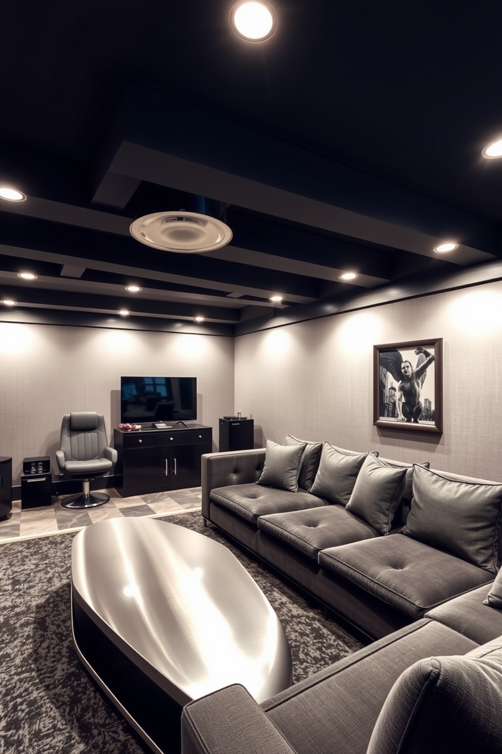 A stylish man cave featuring gray and silver lighting fixtures that create a warm and inviting ambiance. The space includes a plush sectional sofa in a deep gray fabric, complemented by a sleek silver coffee table at the center.