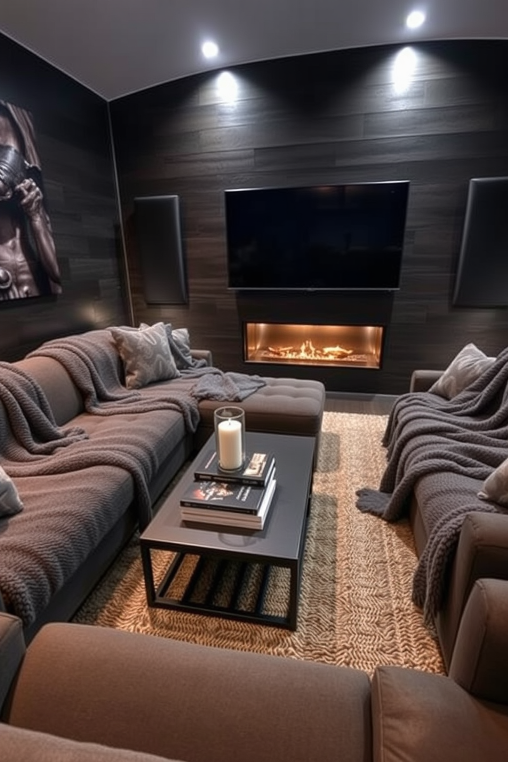 Cozy gray throw blankets are draped over a plush sectional sofa, inviting relaxation in a stylish man cave. The walls are adorned with dark wood paneling, and ambient lighting creates a warm and inviting atmosphere. A sleek coffee table sits in the center, topped with a few well-chosen books and a rustic candle holder. The space is completed with a mounted flat-screen TV and acoustic panels for an optimal viewing experience.