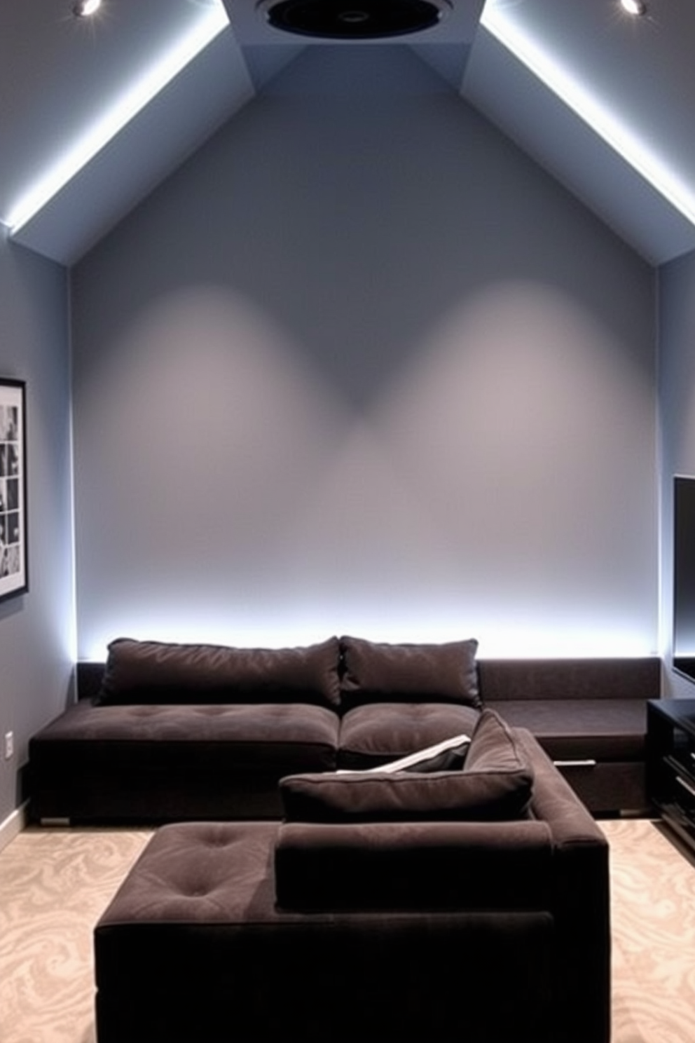 A stylish man cave featuring a gray accent wall illuminated by soft LED lighting. The space includes a plush sectional sofa and a sleek entertainment unit that complements the modern aesthetic.