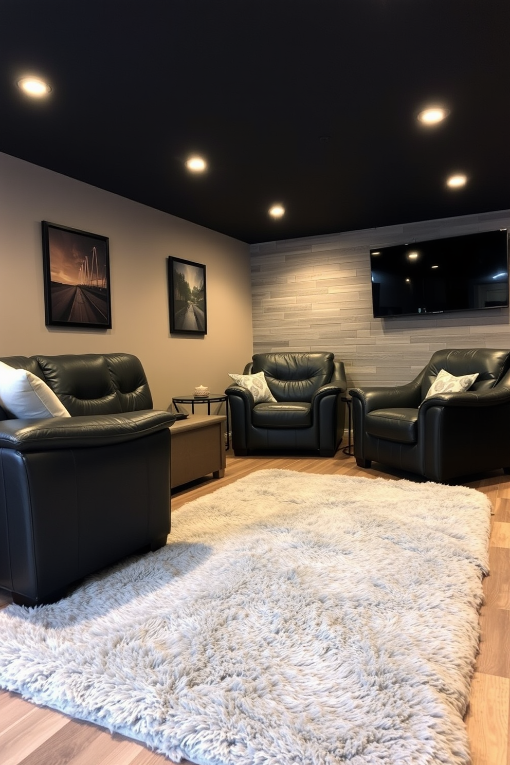 A cozy man cave featuring a plush gray faux fur rug that adds a soft touch underfoot. The space is designed with dark leather furniture, a large flat-screen TV mounted on the wall, and ambient lighting creating a warm and inviting atmosphere.