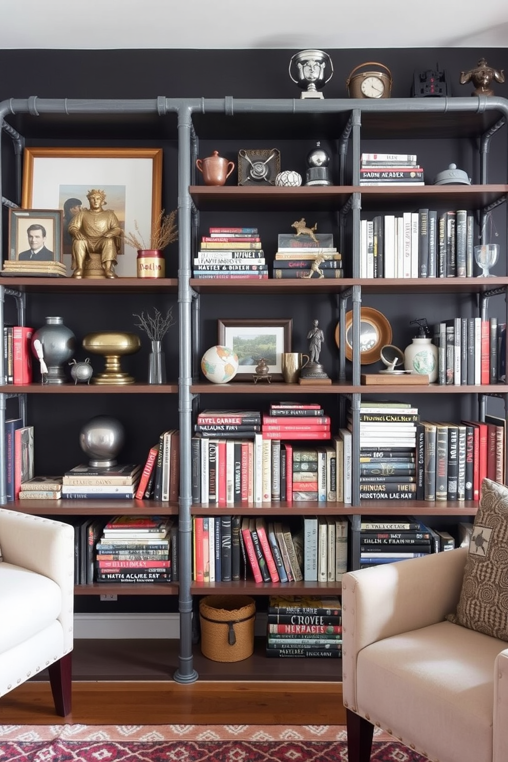 A stylish man cave featuring industrial gray pipe shelving that showcases an array of unique collectibles and books. The walls are painted in a deep charcoal hue, creating a cozy yet modern atmosphere perfect for relaxation and entertainment.