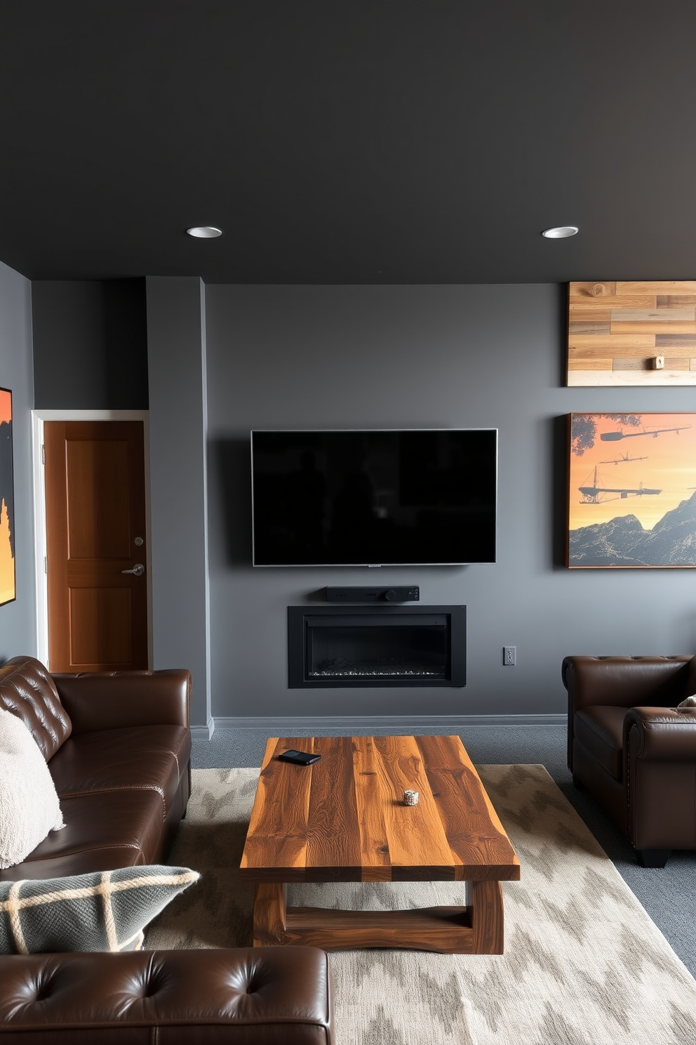 A stylish man cave featuring industrial gray walls complemented by warm wood accents. The space includes a plush leather sofa, a reclaimed wood coffee table, and a large flat-screen TV mounted on the wall.