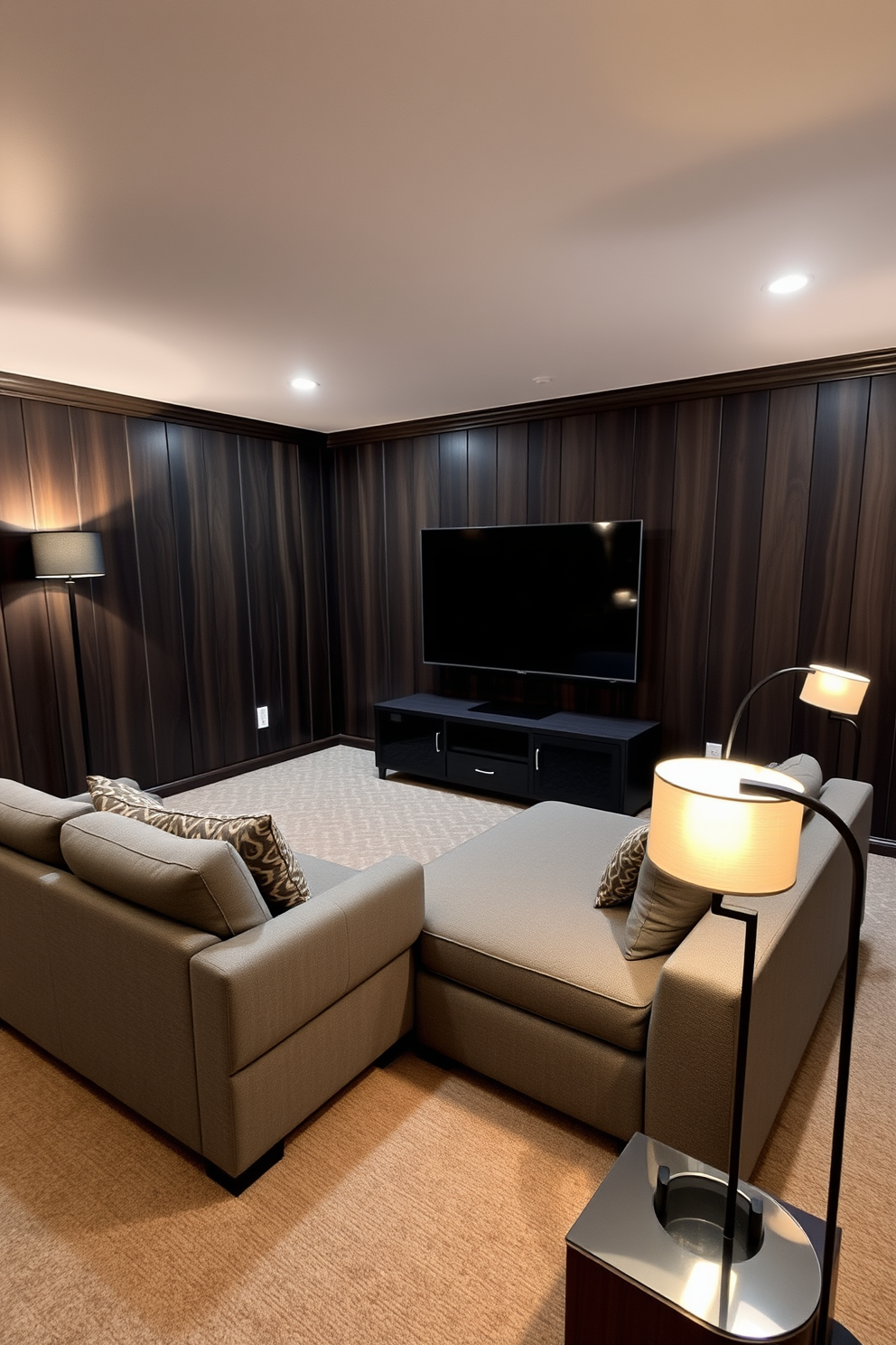 A stylish man cave featuring dark gray cabinetry that provides ample storage and a sleek aesthetic. The space is complemented by comfortable seating and ambient lighting, creating an inviting atmosphere for relaxation and entertainment.