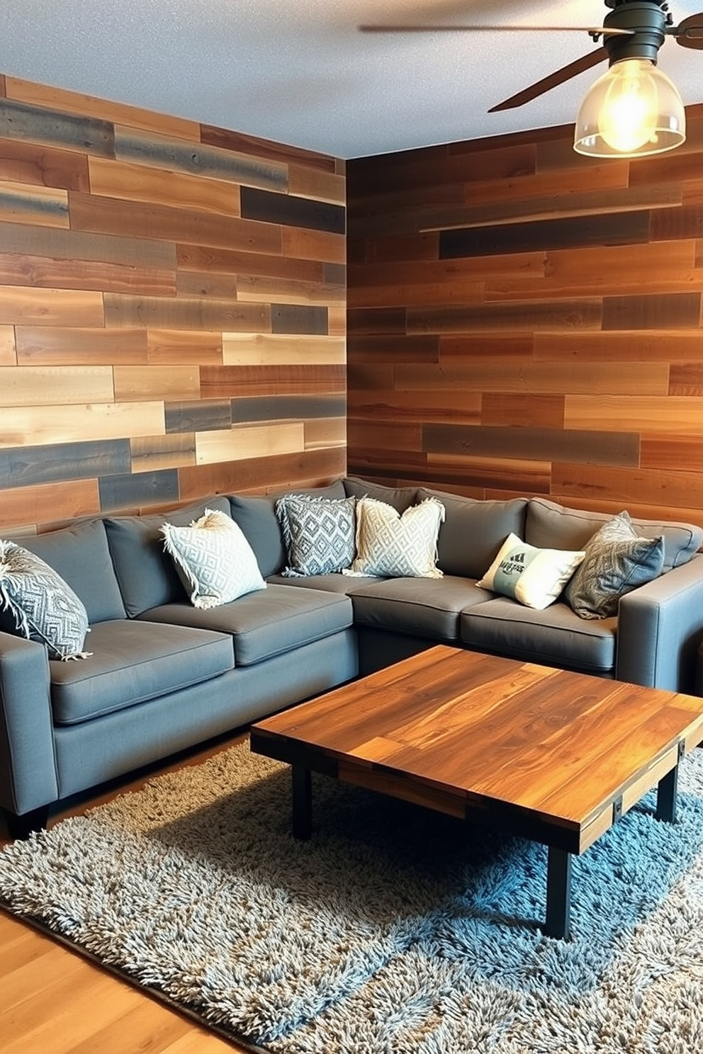 A cozy man cave featuring a gray sectional sofa adorned with plush throw pillows. The walls are clad in reclaimed wood, creating a warm and inviting atmosphere. In the corner, a rustic wooden coffee table sits atop a soft gray area rug. Ambient lighting from industrial-style fixtures enhances the relaxed vibe of the space.