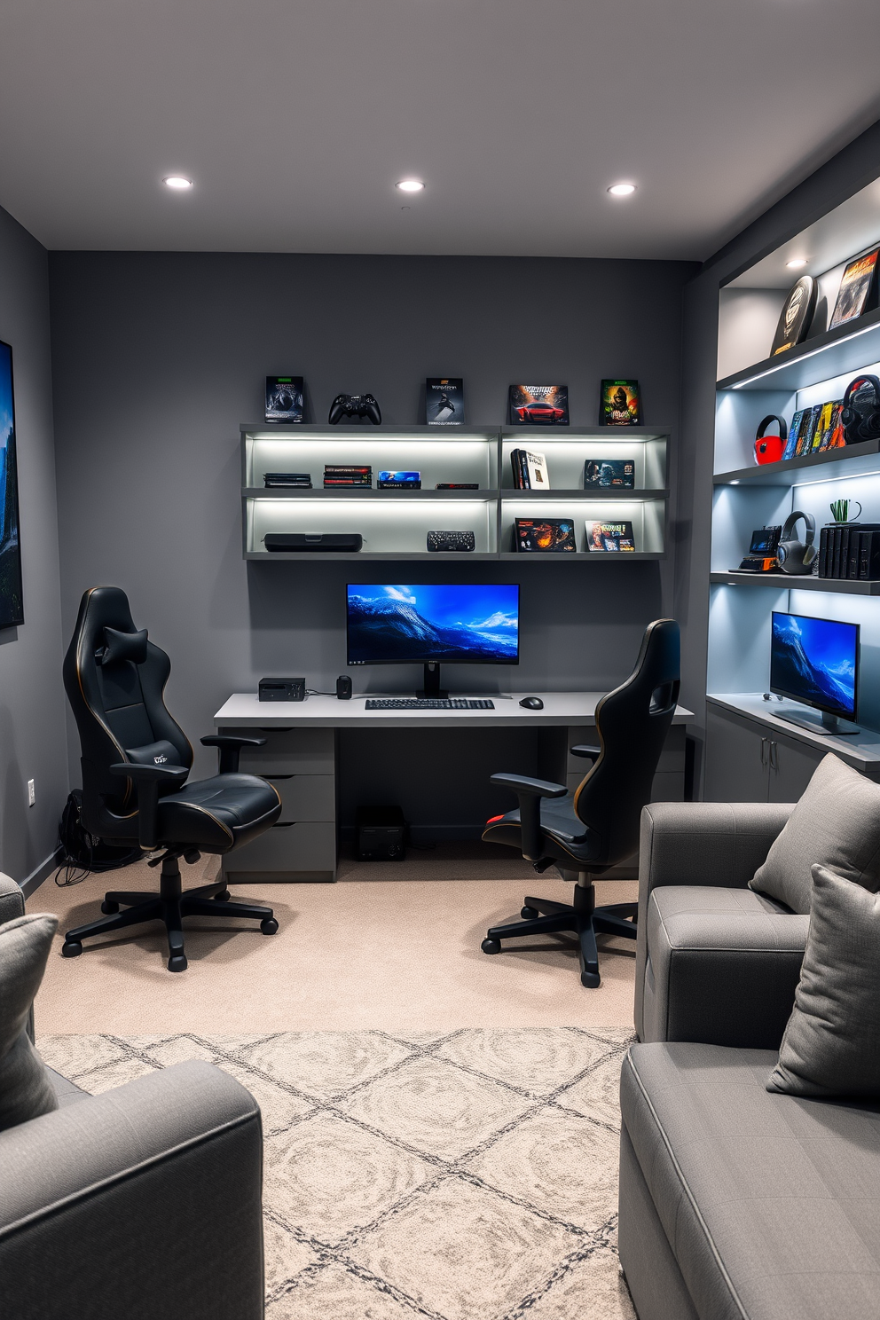 A minimalist gray desk is positioned in the center of a sleek gaming setup. The desk features clean lines and is complemented by ergonomic gaming chairs, creating an inviting atmosphere for extended play sessions. The man cave is designed with a focus on gray tones, incorporating plush seating and ambient lighting. Wall-mounted shelves display gaming collectibles, adding a personal touch to the modern aesthetic.