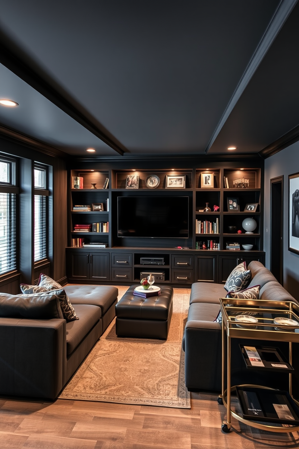 A stylish man cave with a gray painted ceiling that adds a unique touch to the space. The walls are adorned with dark wood paneling, and a plush sectional sofa in charcoal gray invites relaxation. A large flat-screen TV is mounted on one wall, surrounded by custom shelving filled with books and collectibles. Soft ambient lighting creates a cozy atmosphere, while a sleek bar cart in the corner offers refreshments for entertaining guests.