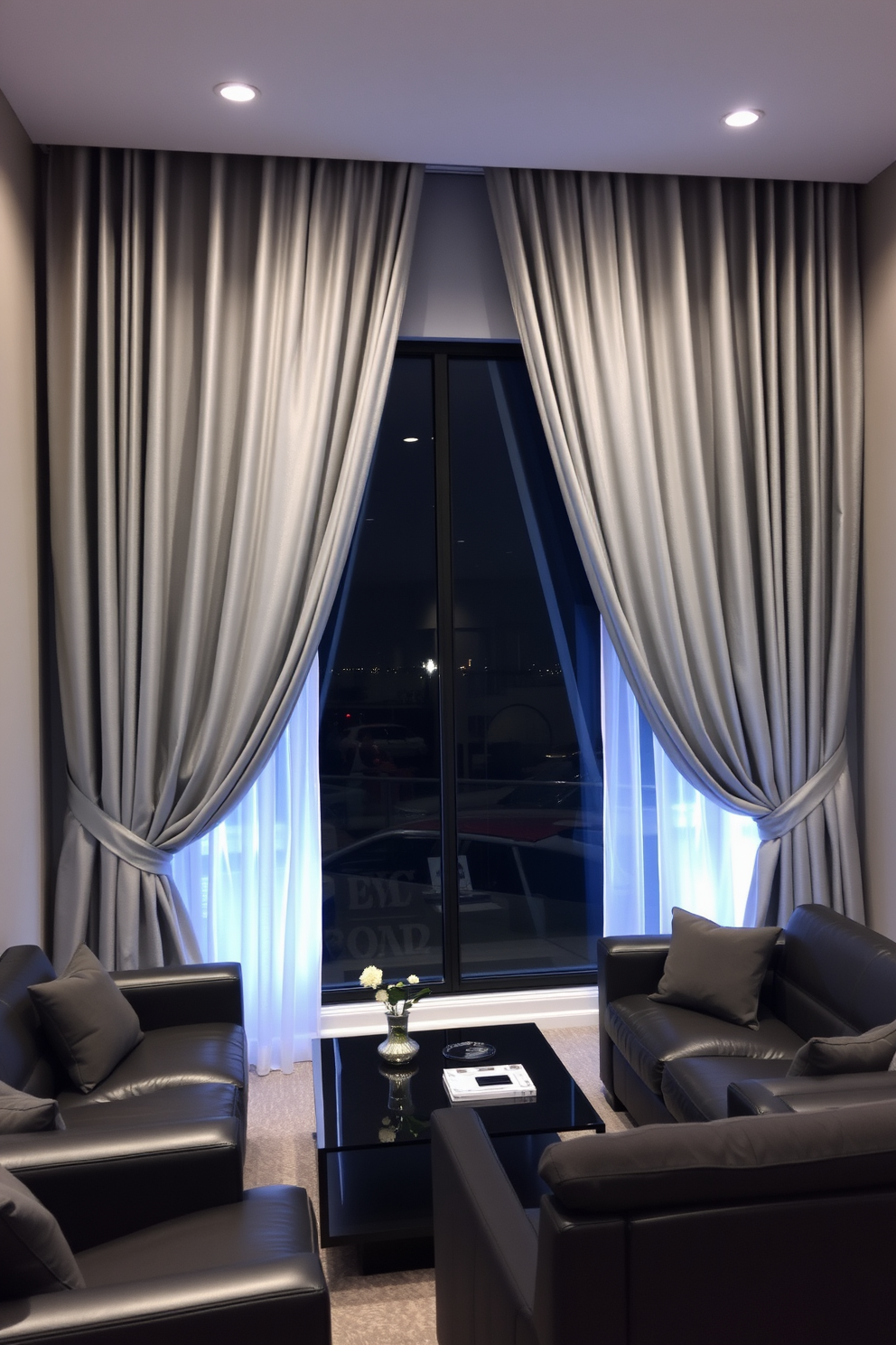 Chic gray curtains drape elegantly over a large window, framing the view with a soft, luxurious touch. The fabric features a subtle texture that adds depth while complementing the room's modern aesthetic. The man cave is designed with a sleek gray color palette, featuring comfortable leather seating arranged around a stylish coffee table. Ambient lighting creates a cozy atmosphere, perfect for entertaining or relaxing after a long day.