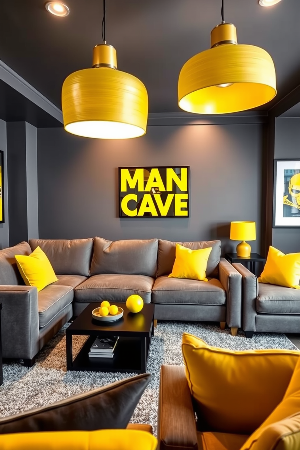 A stylish man cave featuring a gray and yellow color scheme. The walls are painted a deep gray, complemented by bright yellow accents in the furniture and decor. A plush gray sectional sofa sits in the center, paired with yellow throw pillows for a pop of color. A sleek black coffee table with yellow decorative items adds a modern touch to the space. The lighting is warm and inviting, with yellow pendant lights hanging above. A gray area rug anchors the seating area, creating a cozy atmosphere for relaxation and entertainment.