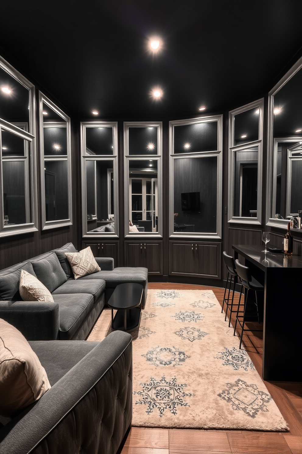 A stylish man cave featuring gray framed mirrors that create an illusion of spaciousness. The room includes a plush sectional sofa in dark gray, a sleek coffee table, and ambient lighting that sets a cozy atmosphere. The walls are adorned with dark wood paneling, while the floor is covered with a soft area rug. A mini bar with high stools complements the space, offering a perfect spot for relaxation and entertainment.