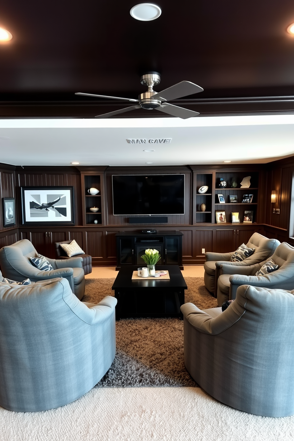 A cozy man cave featuring gray bean bags arranged around a low coffee table. The walls are adorned with dark wood paneling, and a large flat-screen TV is mounted for entertainment. Soft lighting fixtures create a warm ambiance, while a plush area rug adds comfort underfoot. Decorative shelves display sports memorabilia and books, enhancing the personal touch of the space.