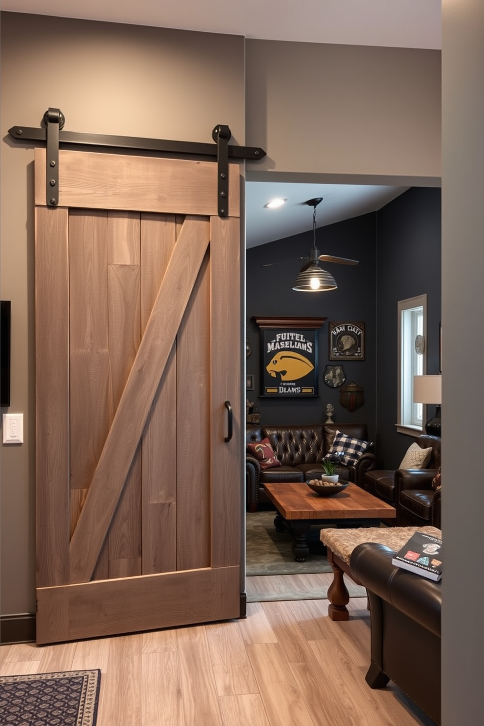 A rustic gray barn door serves as the focal point for a cozy entryway, inviting guests into a warm and inviting space. The door features weathered wood with visible grain and iron hardware, complementing the surrounding decor. In the adjacent man cave, the design embraces a masculine aesthetic with deep gray walls and comfortable leather seating. Industrial lighting fixtures hang from the ceiling, casting a warm glow over a reclaimed wood coffee table and a collection of vintage sports memorabilia.