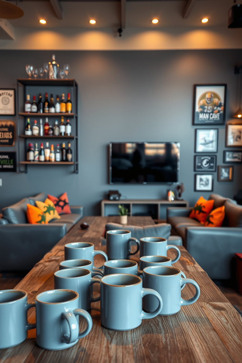 Stylish gray coffee mugs arranged neatly on a rustic wooden bar counter. Behind the mugs, a sleek gray wall with industrial shelving displays an assortment of spirits and glassware. The man cave features plush gray seating with bold accent pillows, creating a cozy yet modern atmosphere. A large flat-screen TV is mounted on the wall, surrounded by framed sports memorabilia and ambient lighting.