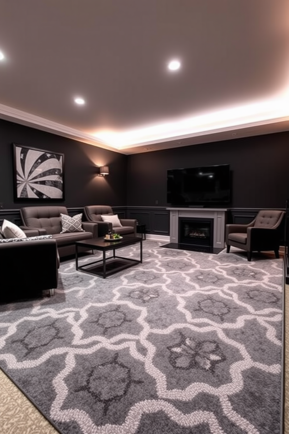 A cozy man cave featuring a light gray area rug that adds warmth to the space. The walls are adorned with dark wood paneling, and comfortable leather seating is arranged around a sleek coffee table.