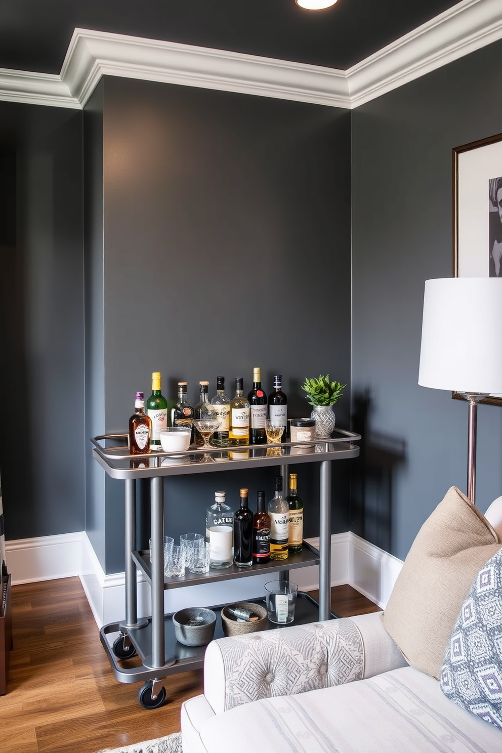 A stylish man cave featuring gray reclaimed wood shelving units that display a curated selection of books and collectibles. The space is accented with comfortable seating and ambient lighting, creating a cozy atmosphere perfect for relaxation and entertainment.