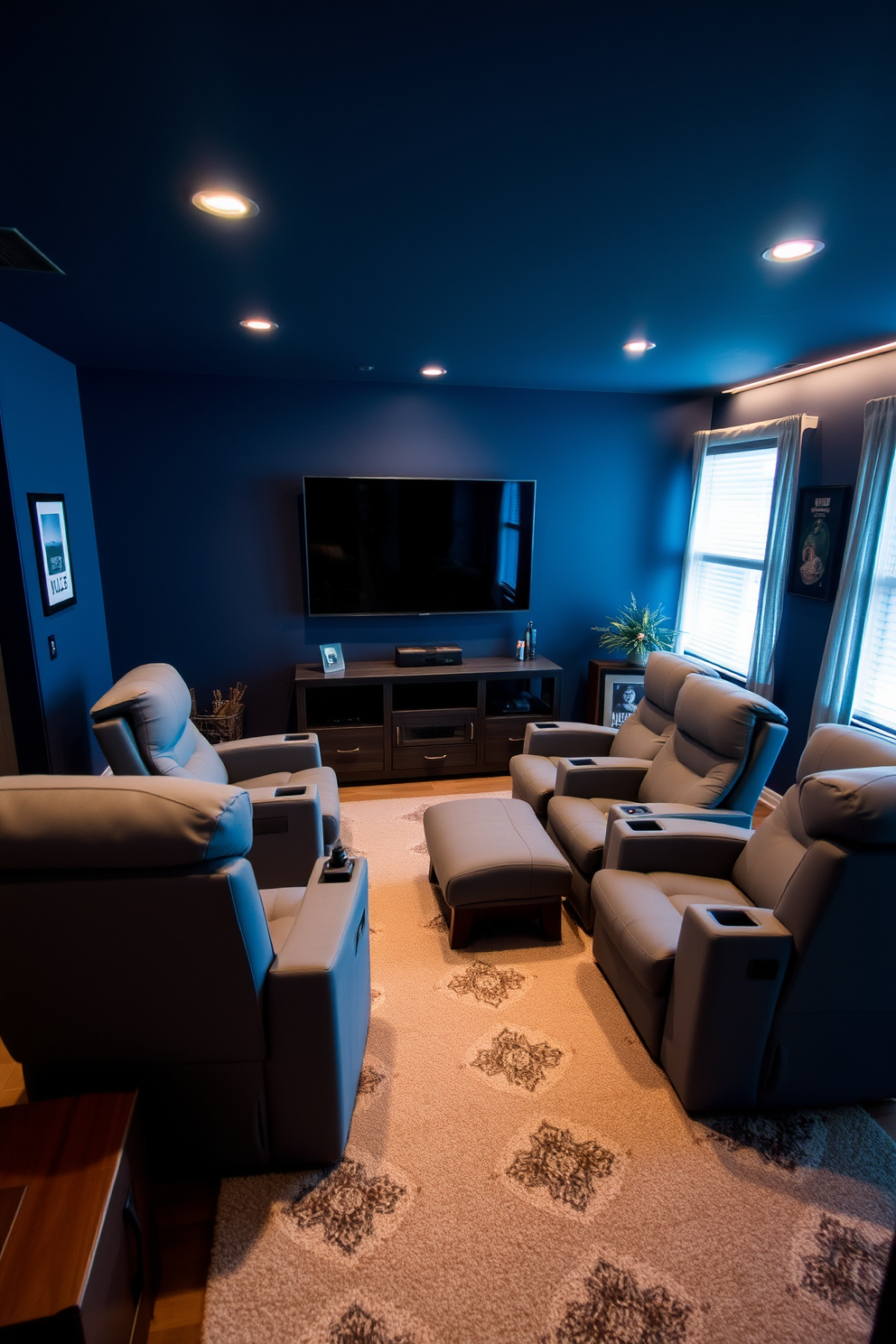 Comfortable gray recliners are arranged in a cozy layout, perfect for movie nights. The walls are painted a deep navy blue, and a large flat-screen TV is mounted above a sleek media console. Soft ambient lighting creates a warm atmosphere, complemented by a plush area rug in a geometric pattern. Dark wood accents and personal memorabilia enhance the man cave's inviting yet masculine vibe.