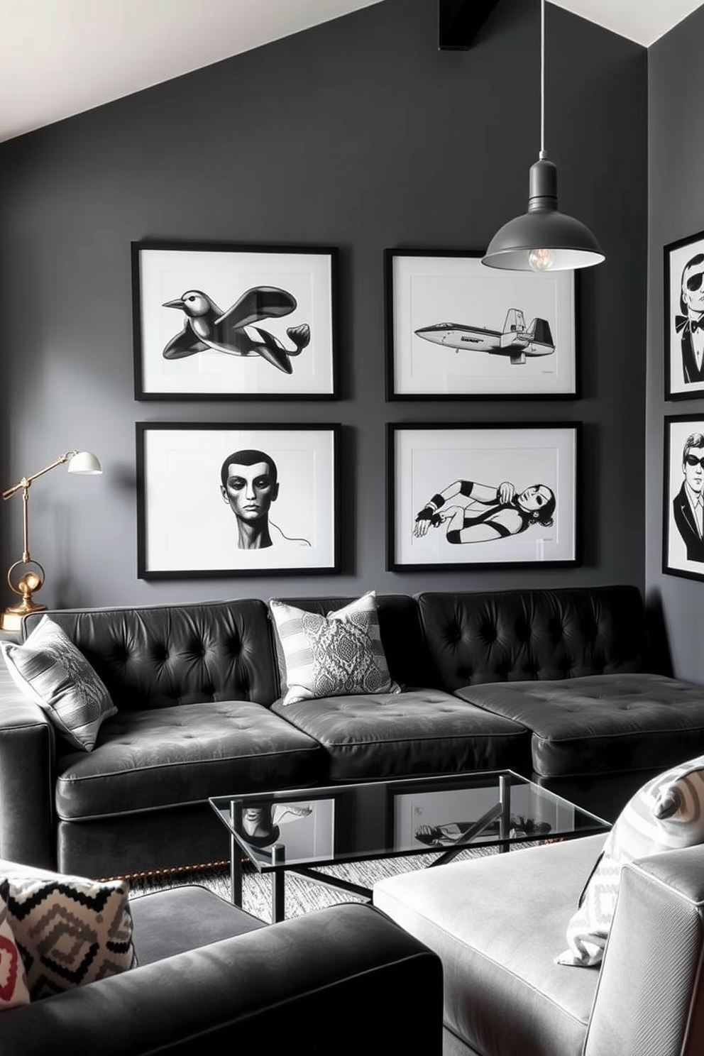 A stylish man cave featuring gray walls adorned with framed black and white art that adds a touch of sophistication. The space includes a plush sectional sofa in a deep charcoal hue, complemented by a sleek glass coffee table and industrial-style lighting fixtures.