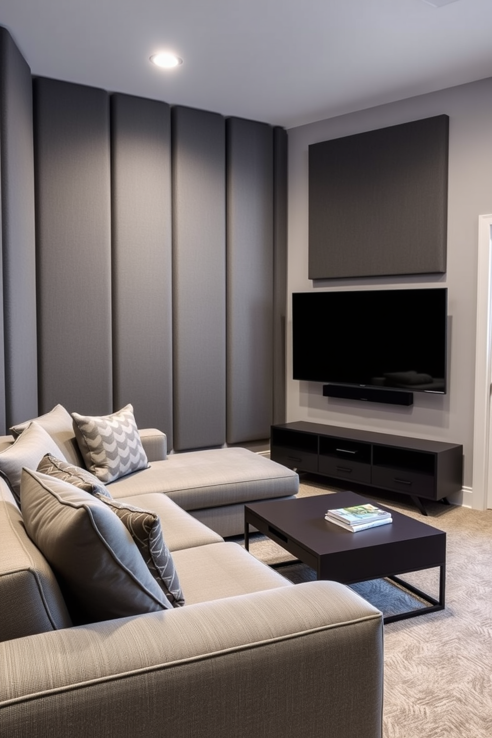 A stylish man cave featuring gray acoustic panels that enhance soundproofing while adding a modern touch. The room is furnished with a plush sectional sofa, a sleek coffee table, and a large flat-screen TV mounted on the wall.