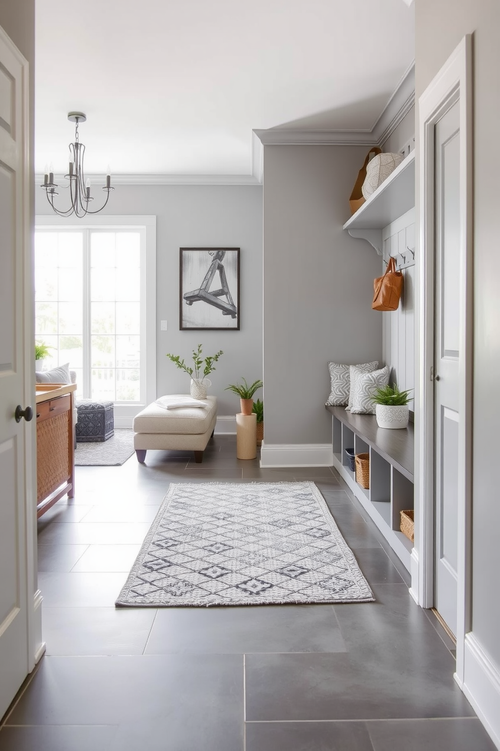 A stylish gray mudroom features woven baskets for organization, providing a chic and functional storage solution. The walls are painted in a soft gray tone, complementing the natural textures of the baskets and enhancing the overall aesthetic.