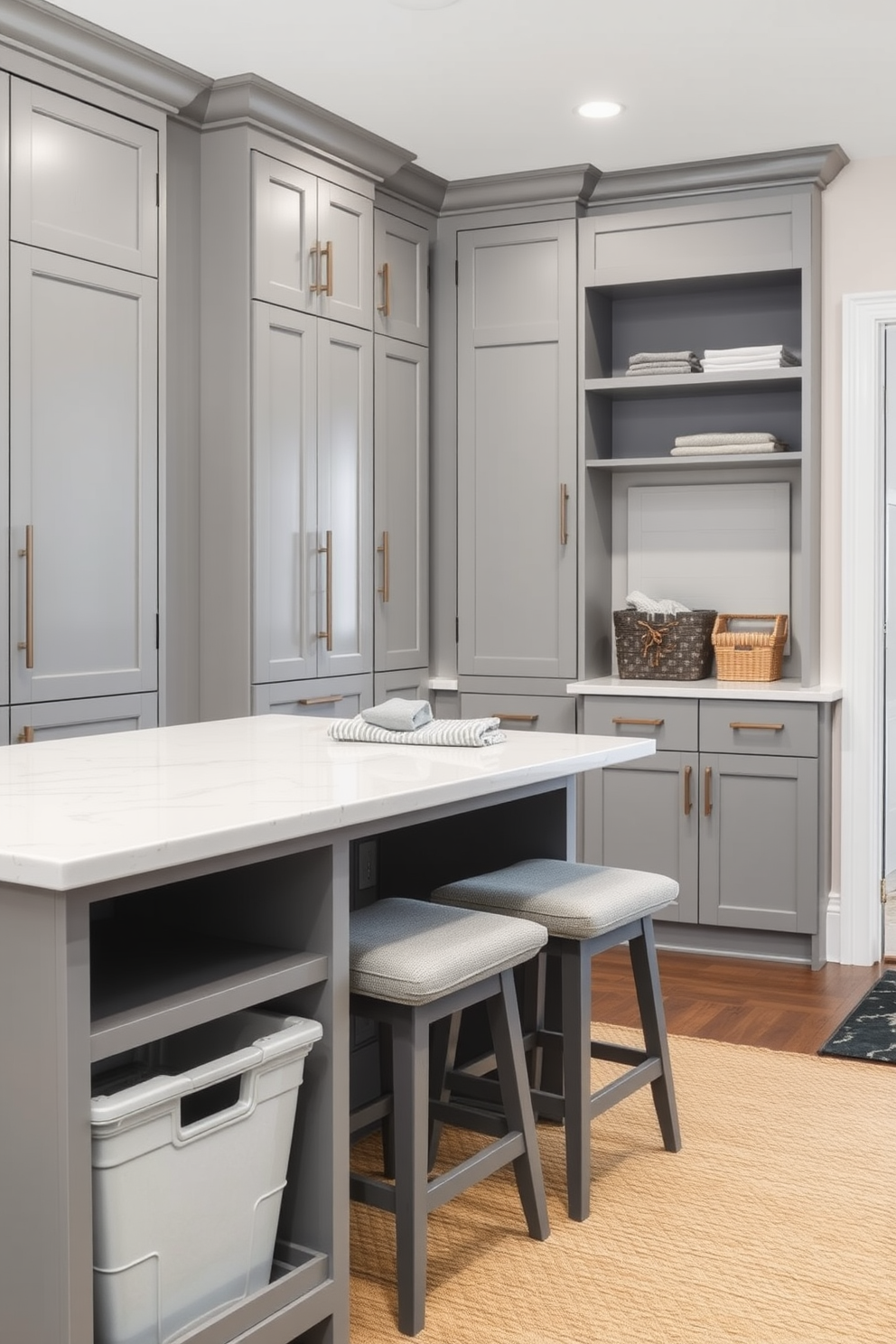 A stylish mudroom featuring muted gray paint on the walls, creating a calm and inviting atmosphere. The contrasting white trim highlights the architectural details and enhances the overall design. Functional storage solutions are incorporated, including built-in benches and cubbies for shoes and coats. A durable floor in a complementary shade adds practicality and style to the space.