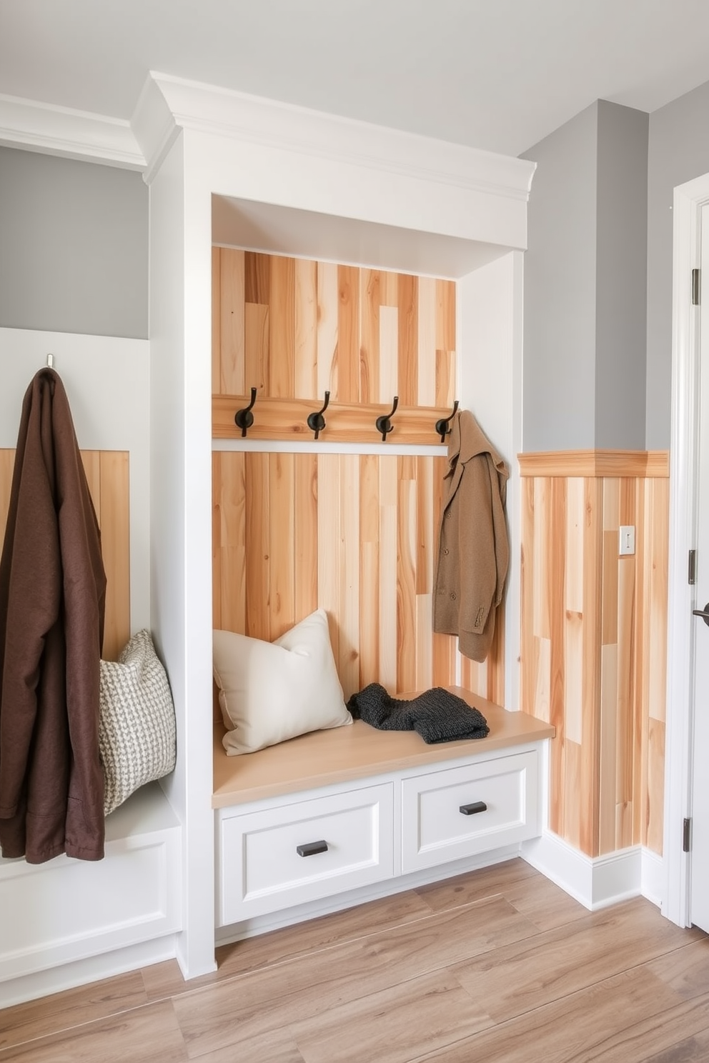 Textured gray wall panels create a striking backdrop in the mudroom, adding depth and visual interest to the space. The design features a built-in bench with storage underneath, complemented by hooks for hanging coats and bags.