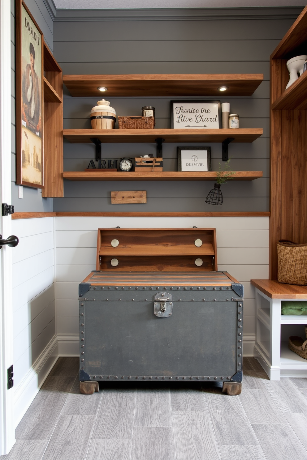 A vintage gray storage trunk serves as a stylish accent piece in the mudroom, adding both character and functionality. The mudroom features a combination of gray shiplap walls and rustic wooden shelving, creating a cozy yet practical space. The flooring is a durable tile that mimics the look of weathered wood, enhancing the vintage aesthetic. Soft lighting fixtures illuminate the area, highlighting the trunk and the carefully arranged decor items on the shelves.