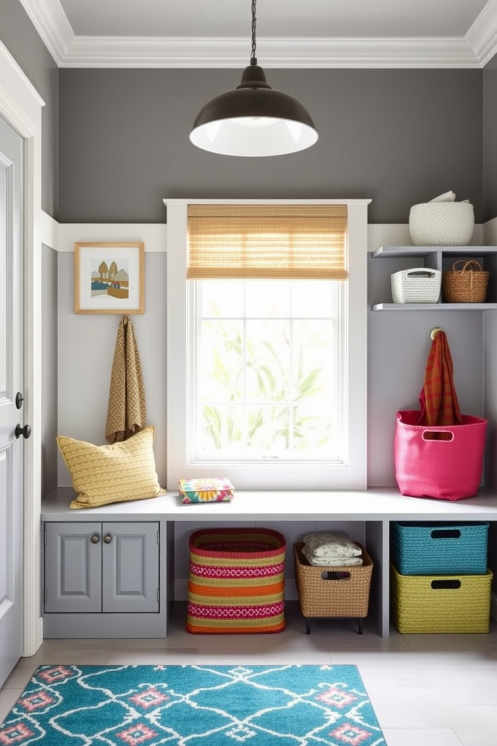 Open concept gray mudroom with entryway featuring a built-in bench with storage underneath. The walls are painted in a soft gray hue, and the floor is adorned with large white tiles that create a clean and inviting atmosphere.