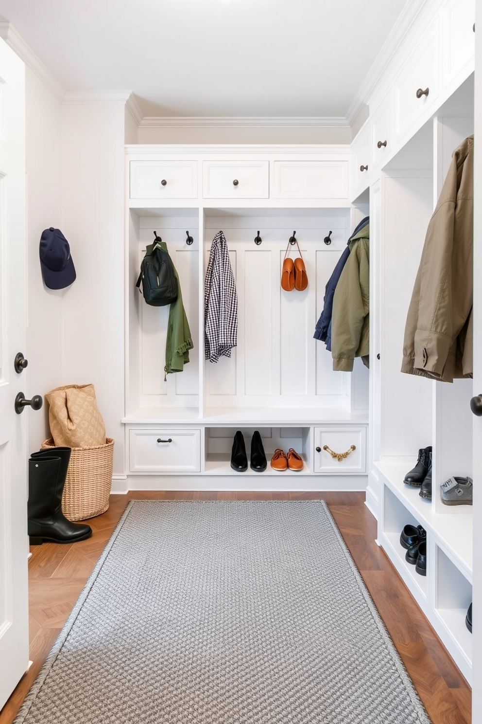 A stylish gray mudroom featuring decorative gray wall hooks arranged in an aesthetically pleasing manner. The space includes a bench with plush cushions and ample storage for shoes and outdoor gear, creating a functional yet inviting atmosphere.