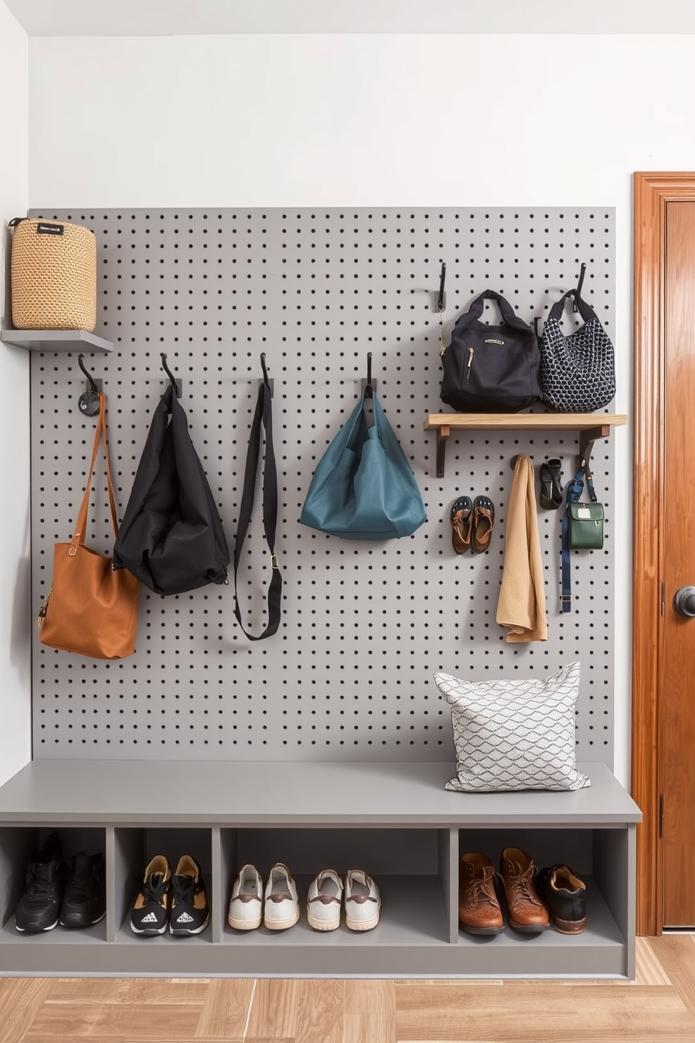 A functional pegboard wall is designed for optimal organization in a gray mudroom. The wall features various hooks and shelves to store shoes, bags, and outdoor gear, creating a tidy and efficient space.