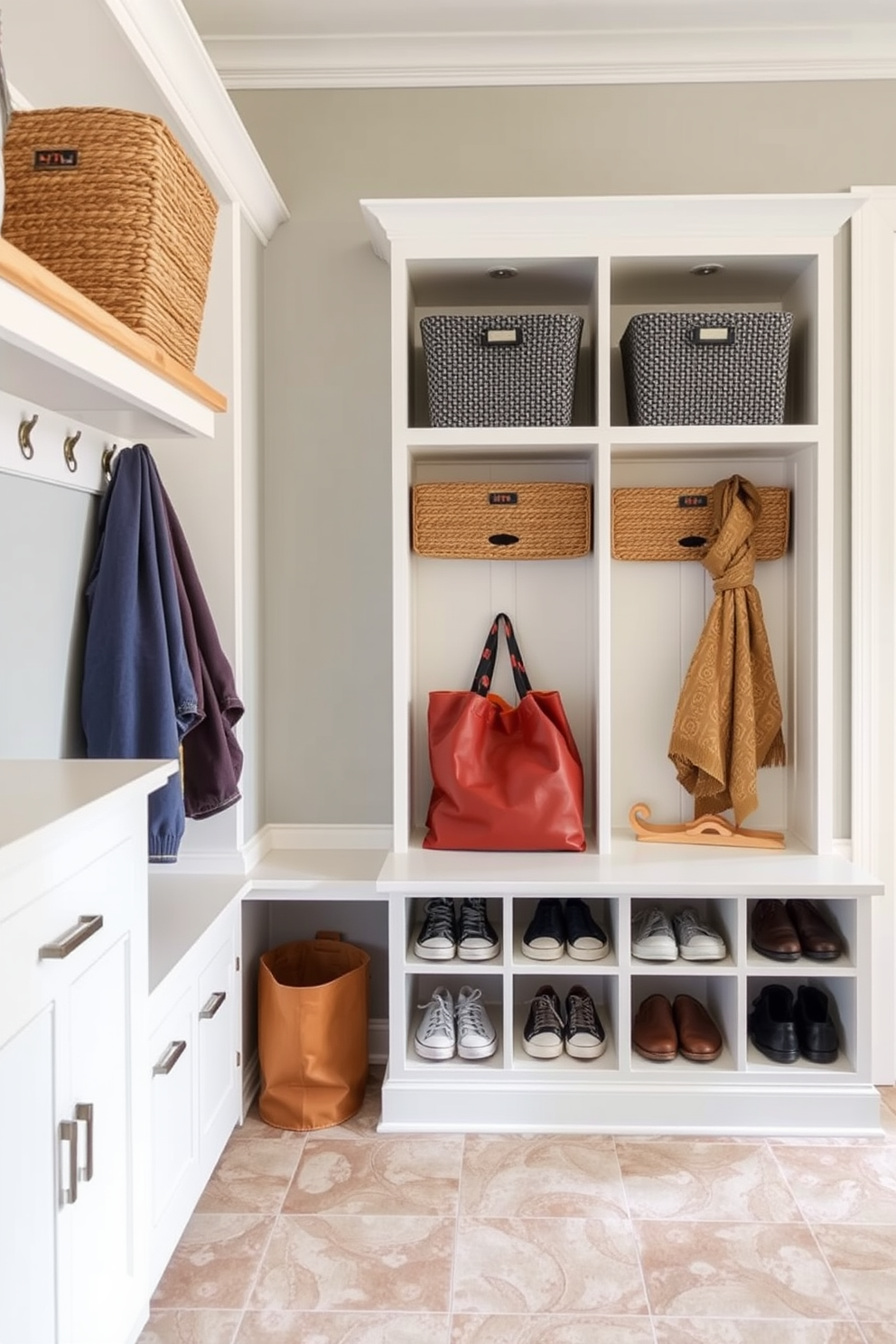 A functional mudroom design featuring organized cubbies for shoe storage. The walls are painted in a soft gray hue, complemented by a durable tile floor that adds practicality to the space.