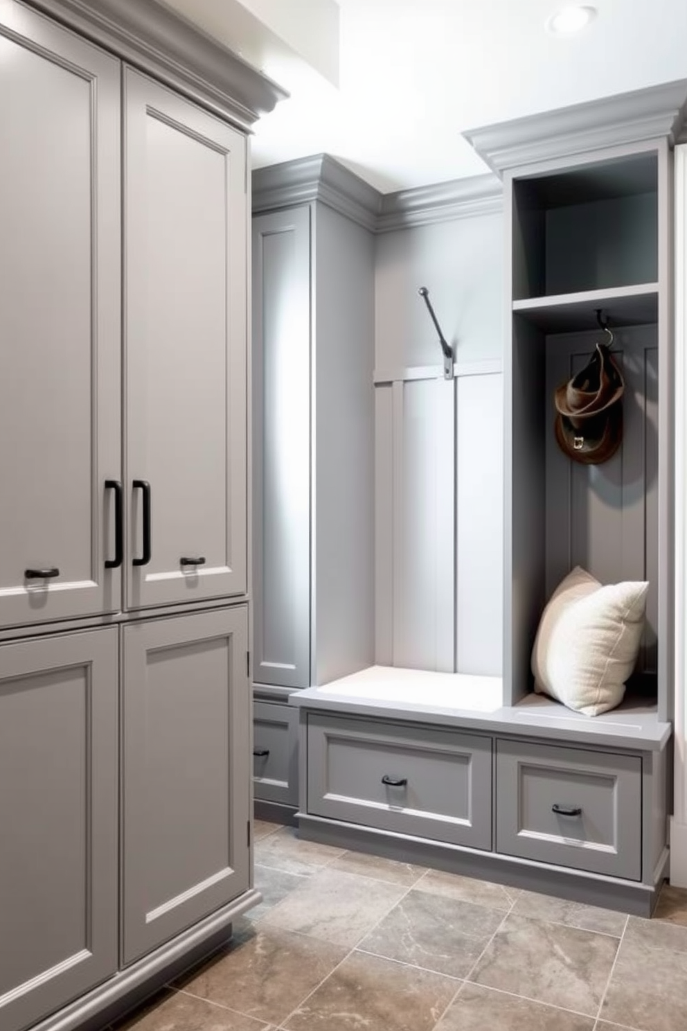 A dramatic gray mudroom with a sleek design featuring a combination of gray and black cabinetry. The floor is adorned with large black tiles, and a stylish bench with gray upholstery provides seating against the wall. Coat hooks in matte black are mounted above the bench, while a large rectangular mirror with a black frame hangs nearby. The walls are painted in a soft gray, creating a cohesive and inviting atmosphere.