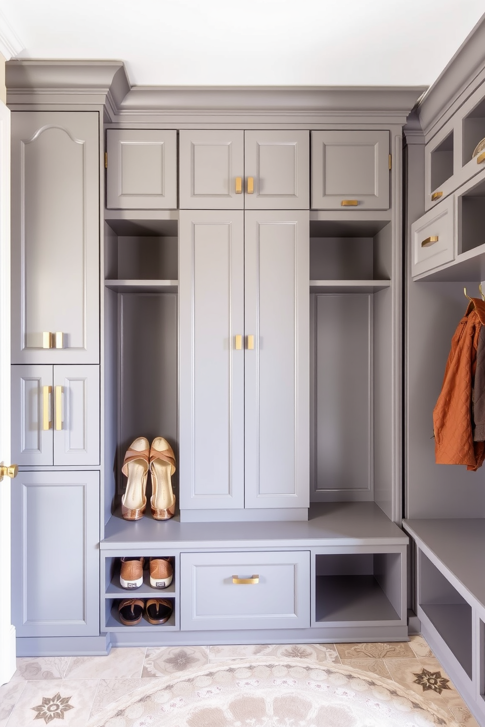 Elegant gray cabinetry with gold hardware creates a stunning focal point in the mudroom. The space features built-in storage solutions, including cubbies for shoes and hooks for coats, all harmoniously designed to enhance functionality and style.