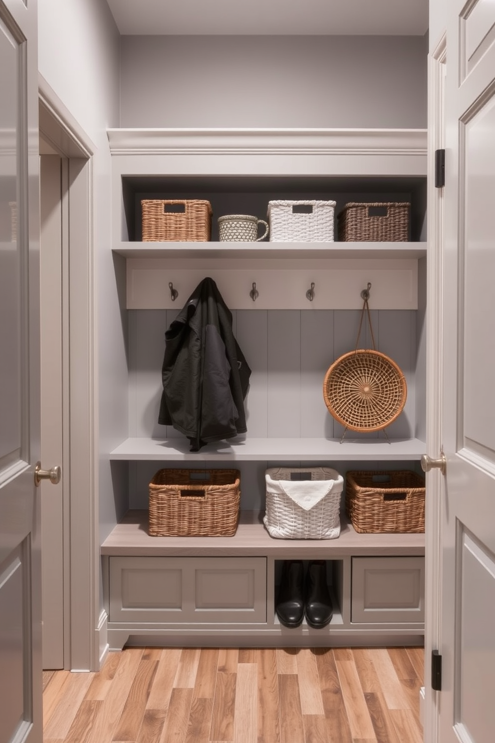 A rustic gray mudroom features wooden accents that create a warm and inviting atmosphere. The walls are adorned with shiplap in a soft gray tone, complemented by a built-in bench with storage underneath. On one side, there are hooks for coats and bags, made from aged metal for an industrial touch. The floor is covered with large ceramic tiles in a slate gray, adding durability and style to the space.