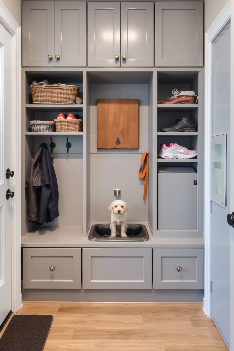 A functional bench with plush gray cushions is positioned against the wall, providing a cozy spot for putting on or taking off shoes. Above the bench, a series of hooks are mounted for hanging coats and bags, while a sleek storage cubby below keeps the space organized. The mudroom features a light gray shiplap wall that adds texture and warmth to the design. Large windows allow natural light to flood the area, creating an inviting atmosphere perfect for welcoming guests.