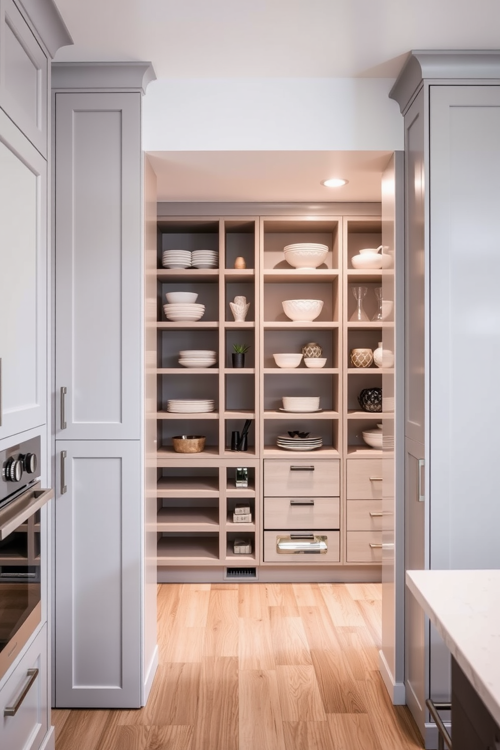 A modern kitchen featuring gray cabinets with open shelving that showcases an array of stylish dishware and decorative items. The cabinetry is complemented by sleek stainless steel appliances and a light marble countertop that adds elegance to the space. Adjacent to the kitchen, a spacious gray pantry with organized shelves holds an assortment of dry goods and kitchen essentials. The pantry design incorporates clever storage solutions, maximizing functionality while maintaining a clean and contemporary aesthetic.