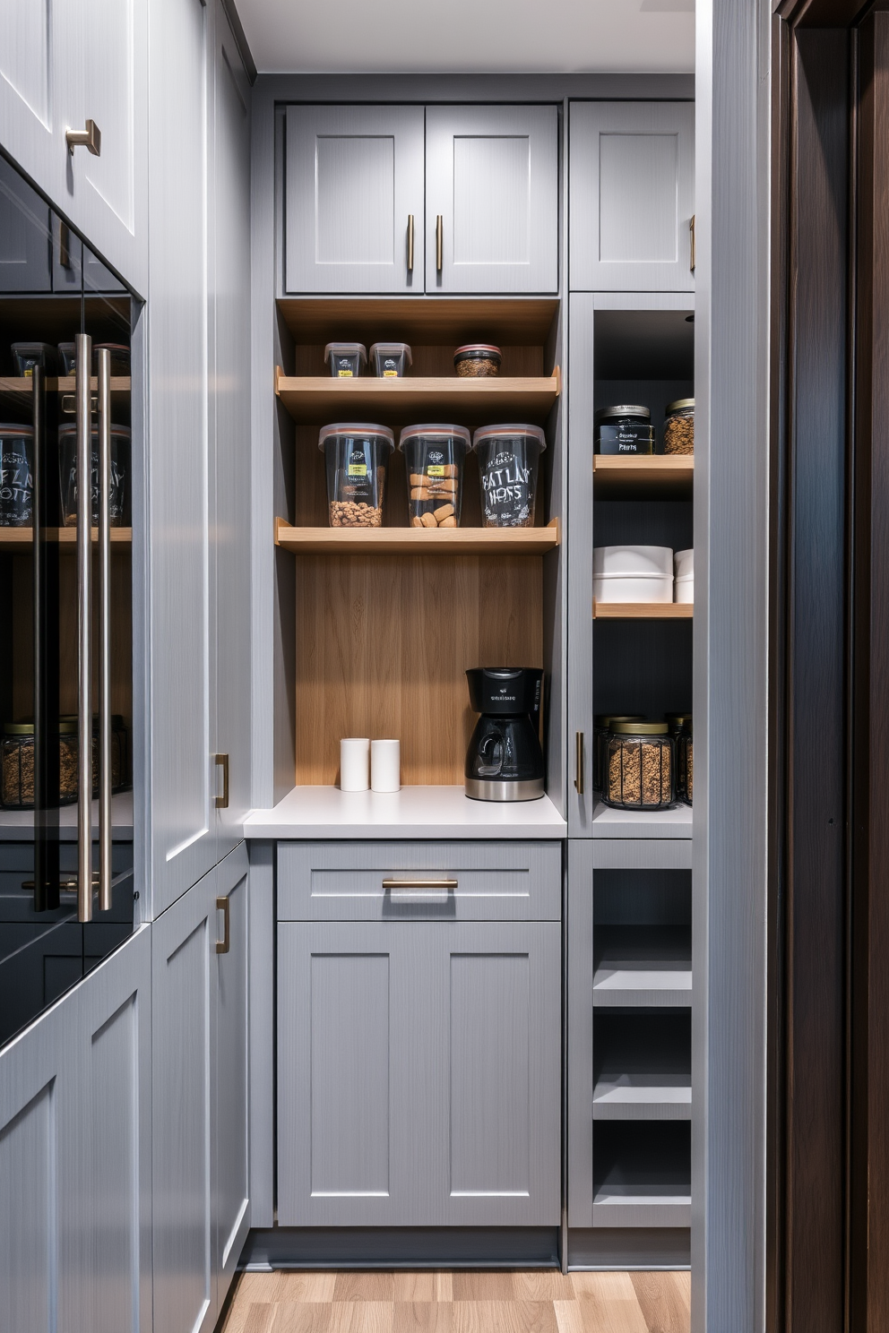 A spacious gray walk-in pantry features custom shelving that showcases a variety of jars and containers, providing both functionality and aesthetic appeal. The walls are painted in a soft gray hue, complemented by warm wood accents and ample lighting that creates an inviting atmosphere.