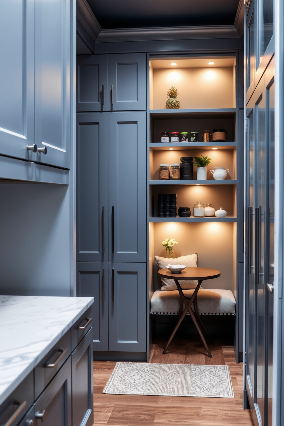 An elegant gray pantry with soft ambient lighting creates a warm and inviting atmosphere. The cabinetry features sleek gray doors with minimalist handles, complemented by a stylish marble countertop. Open shelving displays neatly organized jars and decorative items, adding a personal touch to the space. A cozy seating area with a small table is nestled in one corner, perfect for enjoying a morning coffee.