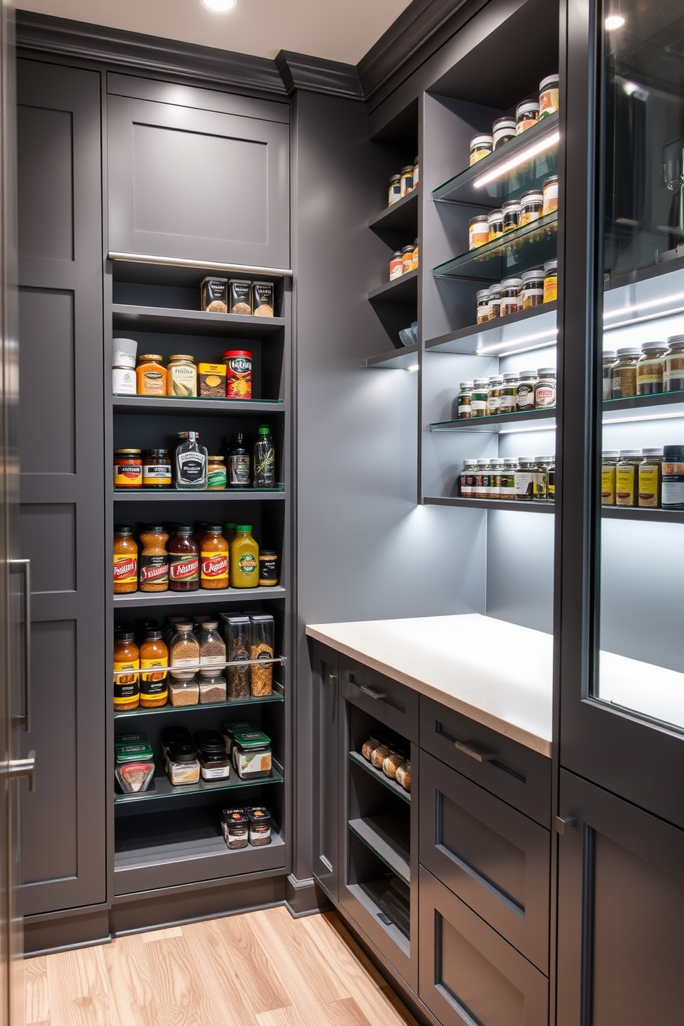 A sleek gray pantry featuring built-in spice racks that provide both functionality and style. The walls are adorned with elegant shelving, showcasing neatly organized jars and containers for easy access. The pantry floor is finished with a light wood that contrasts beautifully with the gray cabinetry. Soft LED lighting illuminates the space, highlighting the modern design elements and creating an inviting atmosphere.