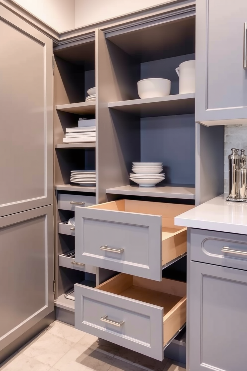 A stylish gray pantry features sleek cabinetry with integrated handles for a seamless look. The space includes hidden appliances that blend effortlessly into the design, maintaining a clutter-free environment. Open shelving displays curated dishware and decorative jars, adding a personal touch to the modern aesthetic. Soft LED lighting illuminates the pantry, enhancing the gray tones and creating a warm ambiance.