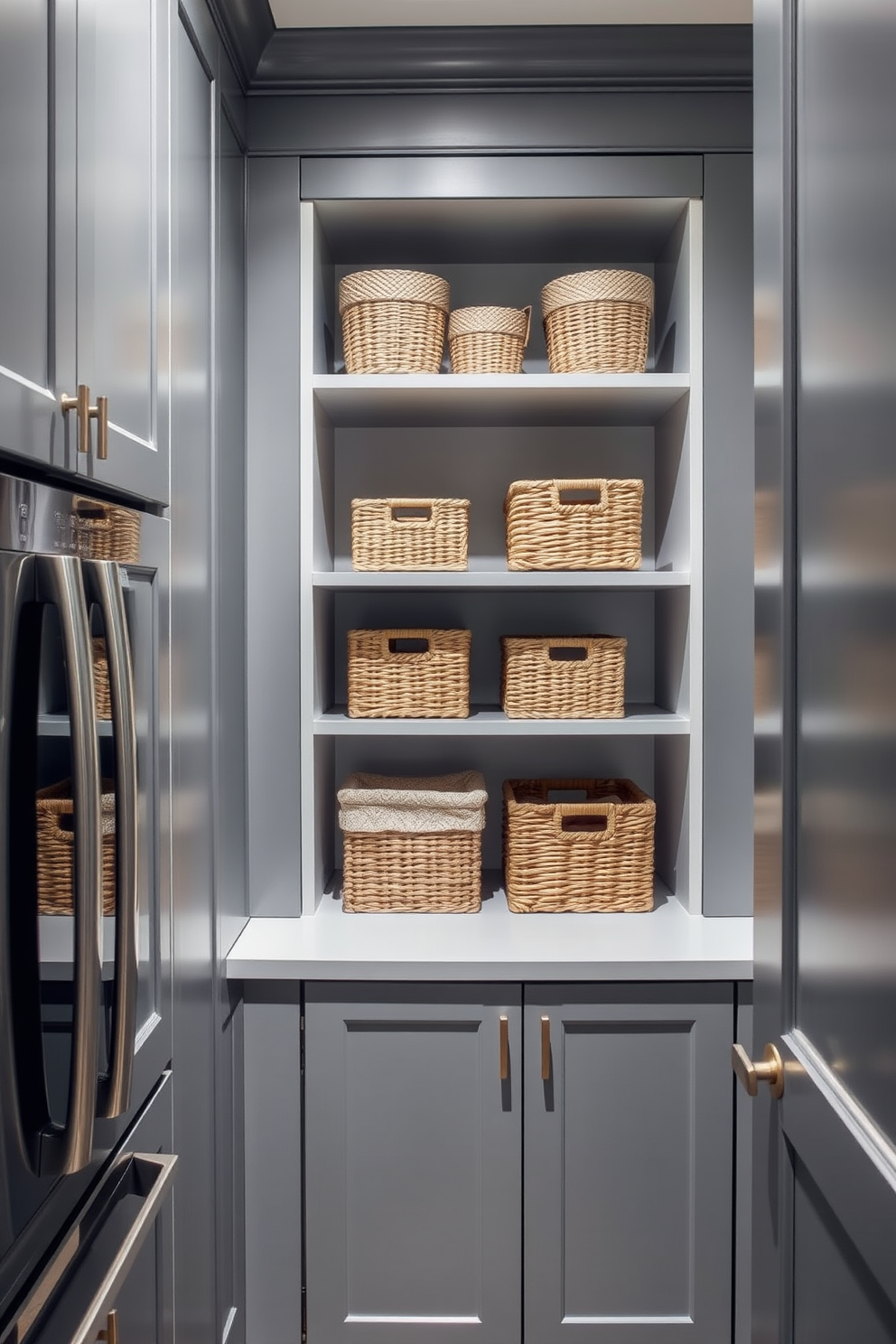 A stylish gray pantry featuring custom shelving and ample storage space. In one corner, a cozy reading nook with a comfortable armchair and a small side table is perfectly illuminated by natural light from a nearby window.