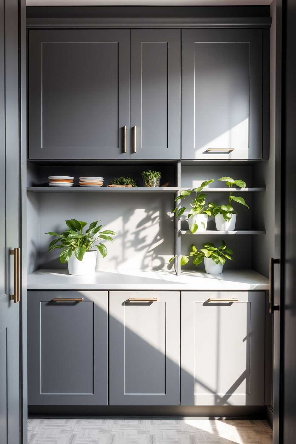 A contemporary gray pantry with sleek cabinetry and bold decor elements. The walls are painted in a soft gray, accented by vibrant artwork and decorative shelves filled with colorful dishware.