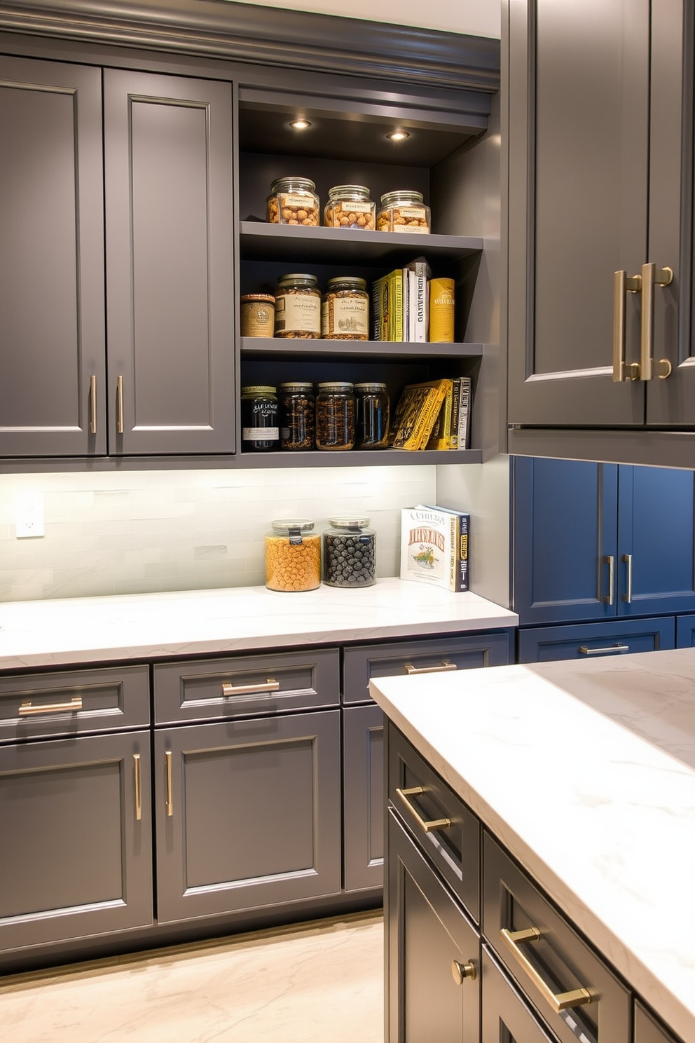 A sophisticated gray pantry features sleek marble countertops that provide a luxurious touch. The cabinetry is finished in a rich gray hue, complemented by polished nickel handles for an elegant contrast. The pantry is organized with open shelving displaying artisanal jars and cookbooks. Soft under-cabinet lighting highlights the marble surface, creating a warm and inviting atmosphere.