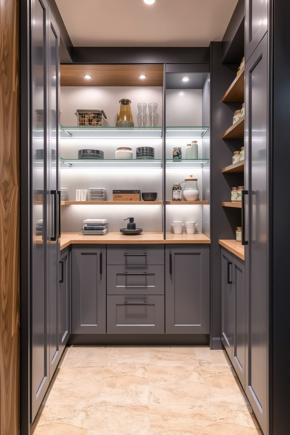 A modern gray pantry featuring a combination of materials such as wood and metal. The cabinetry has a sleek gray finish with open shelving displaying various kitchen essentials and decorative items. The floor is tiled with a light-colored stone that contrasts beautifully with the gray tones. Soft LED lighting highlights the textures and creates a warm ambiance in the space.