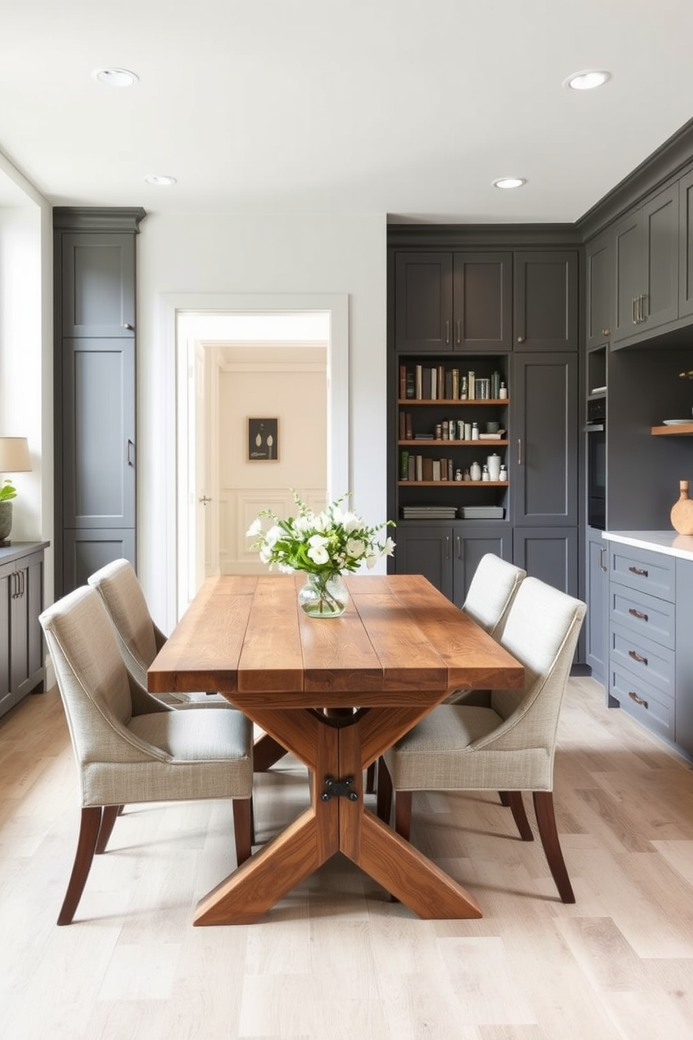 An open-concept pantry features sleek gray cabinetry that seamlessly integrates with a cozy dining area. The dining space is adorned with a rustic wooden table surrounded by comfortable upholstered chairs, creating a welcoming atmosphere.