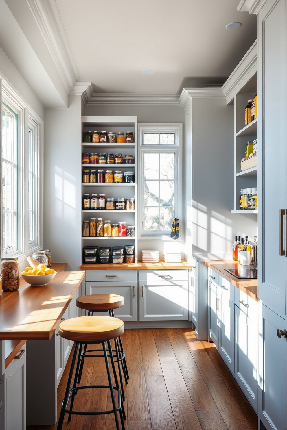 A bright gray pantry filled with natural light creates an inviting atmosphere. The shelves are lined with neatly organized jars and containers, showcasing a variety of colors and textures. Large windows allow sunlight to flood the space, enhancing the light gray cabinetry. A wooden countertop provides a functional workspace, complemented by stylish bar stools for casual seating.