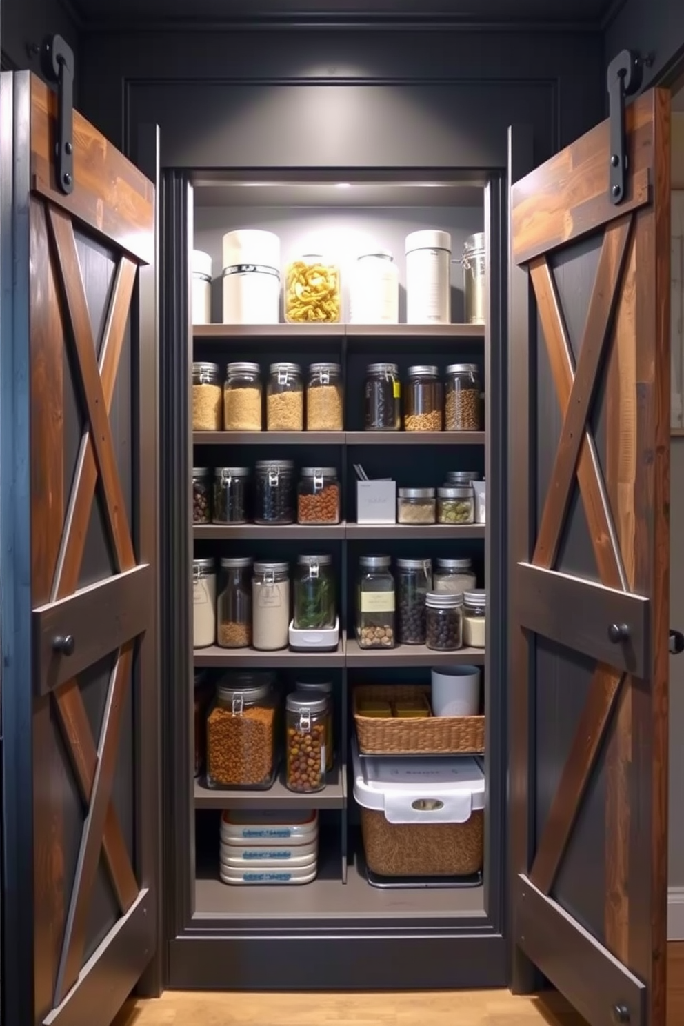 A dark gray pantry features rustic barn doors that add a charming touch to the overall design. Inside, shelves are neatly organized with a variety of jars and containers, creating an efficient and visually appealing storage solution.