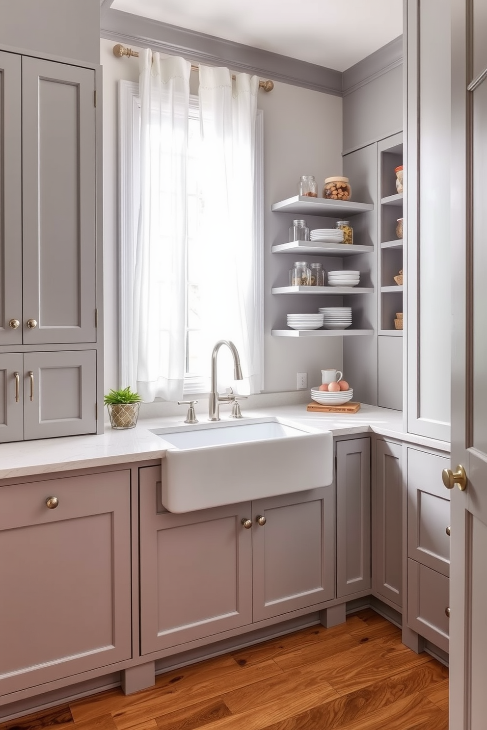 A stylish gray pantry features a large farmhouse sink with a brushed nickel faucet. The cabinetry is painted in a soft gray tone, complemented by open shelving displaying rustic dishware and glass jars. Natural light floods the space through a window adorned with sheer white curtains. The floor is finished with warm wooden planks, adding a cozy touch to the modern design.